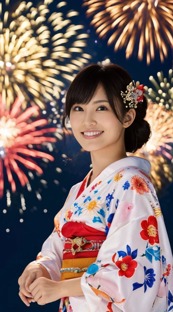 ((masterpiece(:1.4),Highest quality,Ultra-high resolution,Highest quality,8k,Extremely detailed,In detail))。night,Fireworks display,Summer festival,Japanese,Female college student,Yukata,Japanese hairstyle,Hair tying,hair ornaments,hairpin,Drawstring bag,geta,cute,Clear,(Fireworks displayのnightに河川敷で花火を背景にしたスナップ写真),Hyper Quality