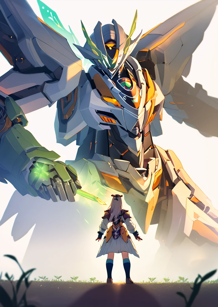 Fraction_9, Fraction_8_Direction_7_up, Simple background, two characters, cross,
1 Girl, firefly, Headband, Gradient over-the-knee socks, Standing in the forefront, Transformation posture,
1Other, he himself, Mecha, armor, standing in the background, cross双臂,