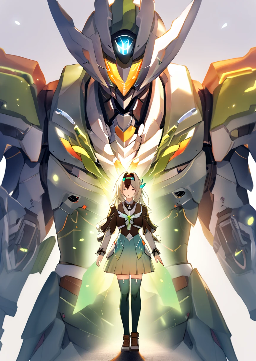 Fraction_9, Fraction_8_Direction_7_up, Simple background, two characters, cross,
1 Girl, firefly, Headband, Gradient over-the-knee socks, Standing in the forefront, Transformation posture,
1Other, he himself, Mecha, armor, standing in the background, cross双臂,