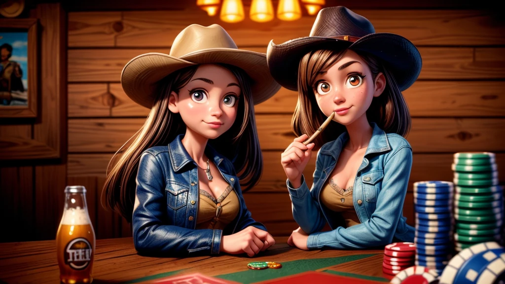 a cowgirl playing poker in a western saloon, leather jacket, jeans, beer, cigar smoke, drunk causing trouble, highly detailed, photorealistic, masterpiece, award winning, cinematic lighting, dramatic composition, warm color palette, realistic textures, extreme fine details, hyper realistic, 8k, HDR, physically-based rendering