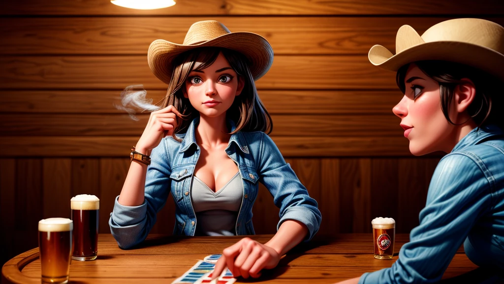 a cowgirl playing poker in a western saloon, leather jacket, jeans, beer, cigar smoke, drunk causing trouble, highly detailed, photorealistic, masterpiece, award winning, cinematic lighting, dramatic composition, warm color palette, realistic textures, extreme fine details, hyper realistic, 8k, HDR, physically-based rendering