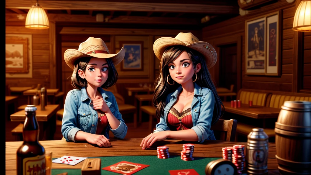 a cowgirl playing poker in a western saloon, leather jacket, jeans, beer, cigar smoke, drunk causing trouble, highly detailed, photorealistic, masterpiece, award winning, cinematic lighting, dramatic composition, warm color palette, realistic textures, extreme fine details, hyper realistic, 8k, HDR, physically-based rendering
