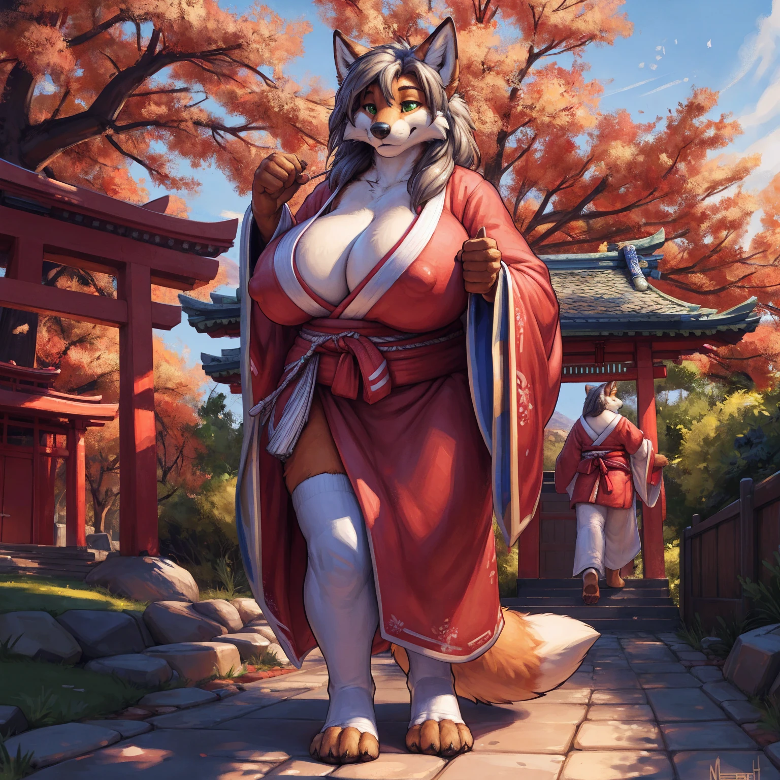 high resolution, (masterpiece: 1.4), (60 years old fox woman), gilf, gray hair, orange fur, white markings, green eyes, high detail eyes, detailed backround, (huge breasts:1.2), sagging breasts, (nipple outline), chubby, full body, highly detailed eyes, cleavage, shrine maiden, japanese clothes, detached sleeves, hakama, white stockings, Masterpiece, best quality, absurd res, highly detailed, park environment, japanese shrine, standing upright, casual posture, barefoot, digitgrade, four toes, by darkgem, by meesh, by nommz, by duase,