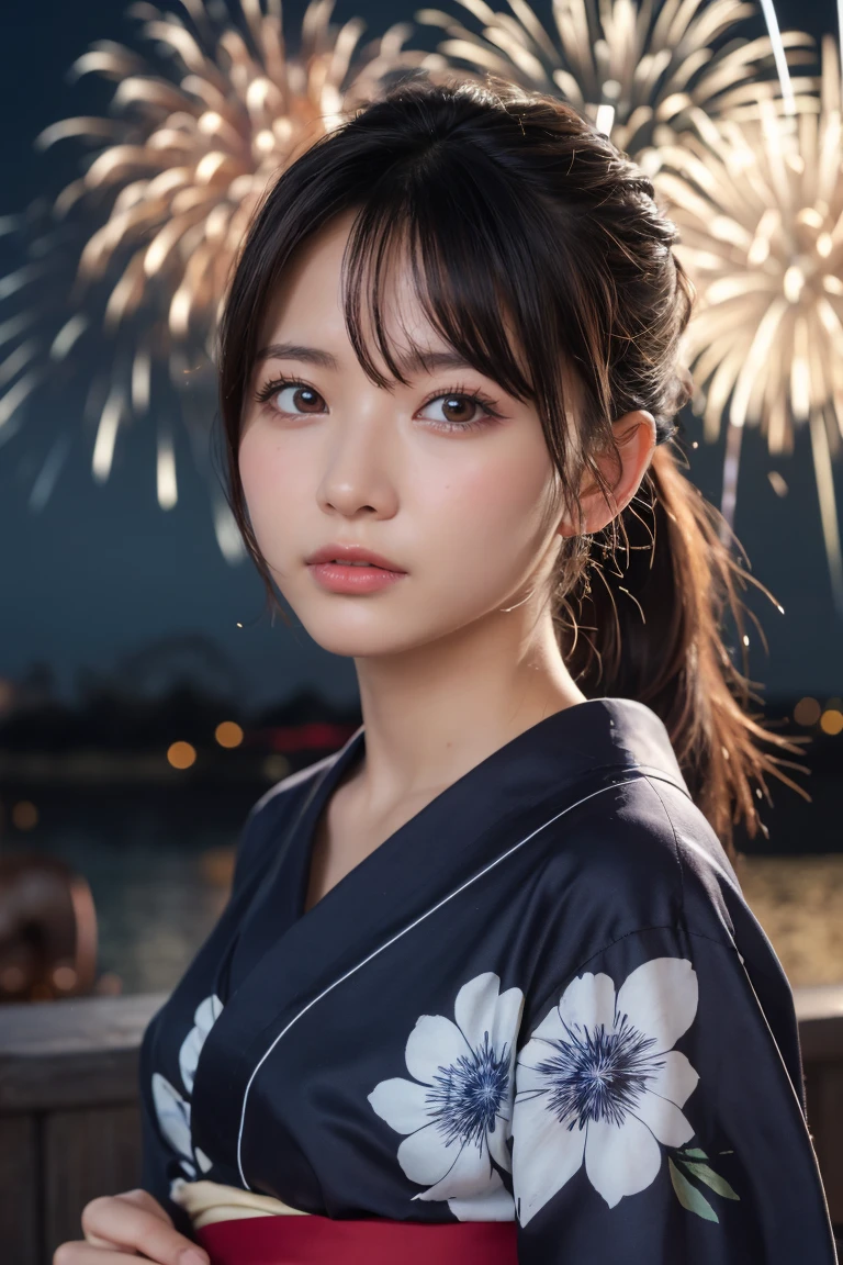 Highest quality, The finer details, (Beautiful One Woman))), Highly detailed eyes and face, firework, yukata, looking up at firework, ponytail, Large tear bags, double eyelid