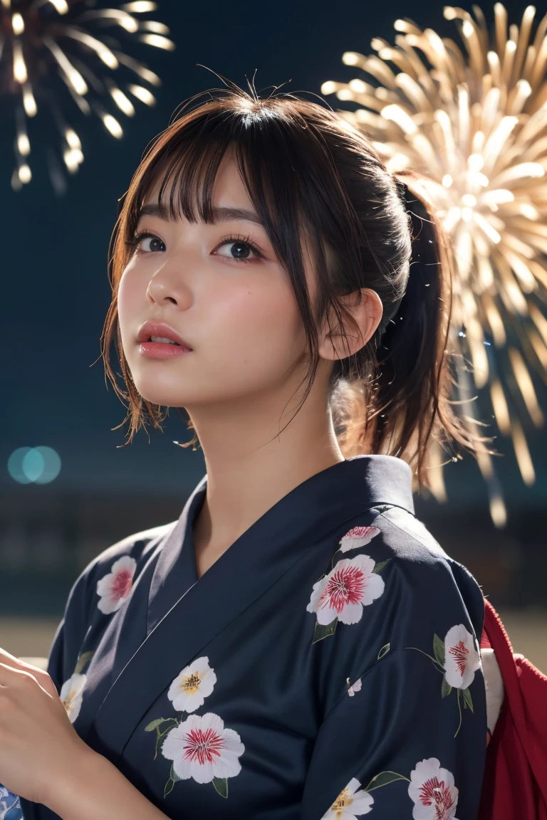 Highest quality, The finer details, (Beautiful One Woman))), Highly detailed eyes and face, firework, yukata, looking up at firework, ponytail, Large tear bags, double eyelid