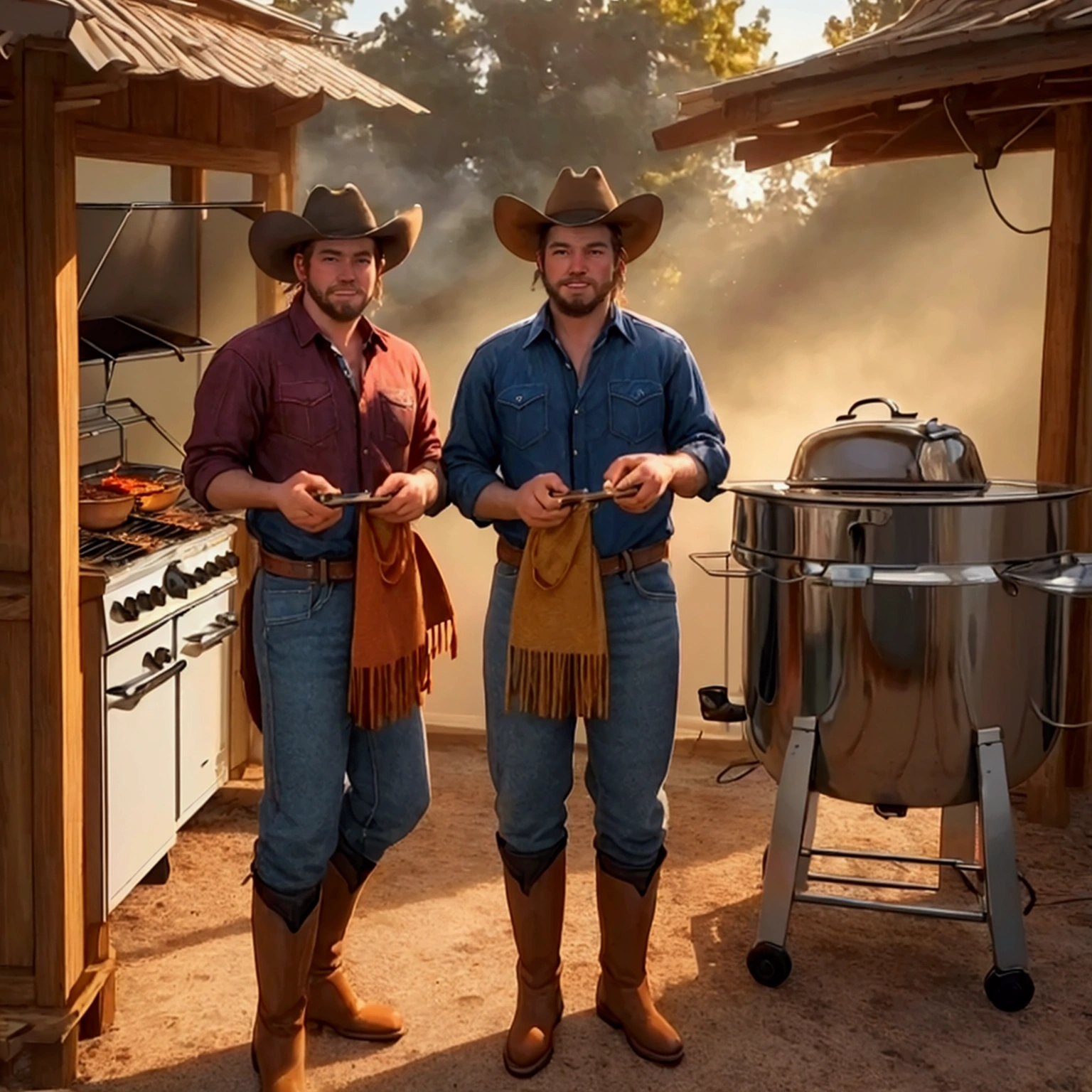 Two cowboys, One is grilling barbecue, The other is making chili con carne in a oven, hat, boots, 2horses, outdoor, realistic, hyper-realistic, photorealistic,ultra-detailed,(realistic,photorealistic,photo-realistic:1.37),vivid colors,dramatic lighting,