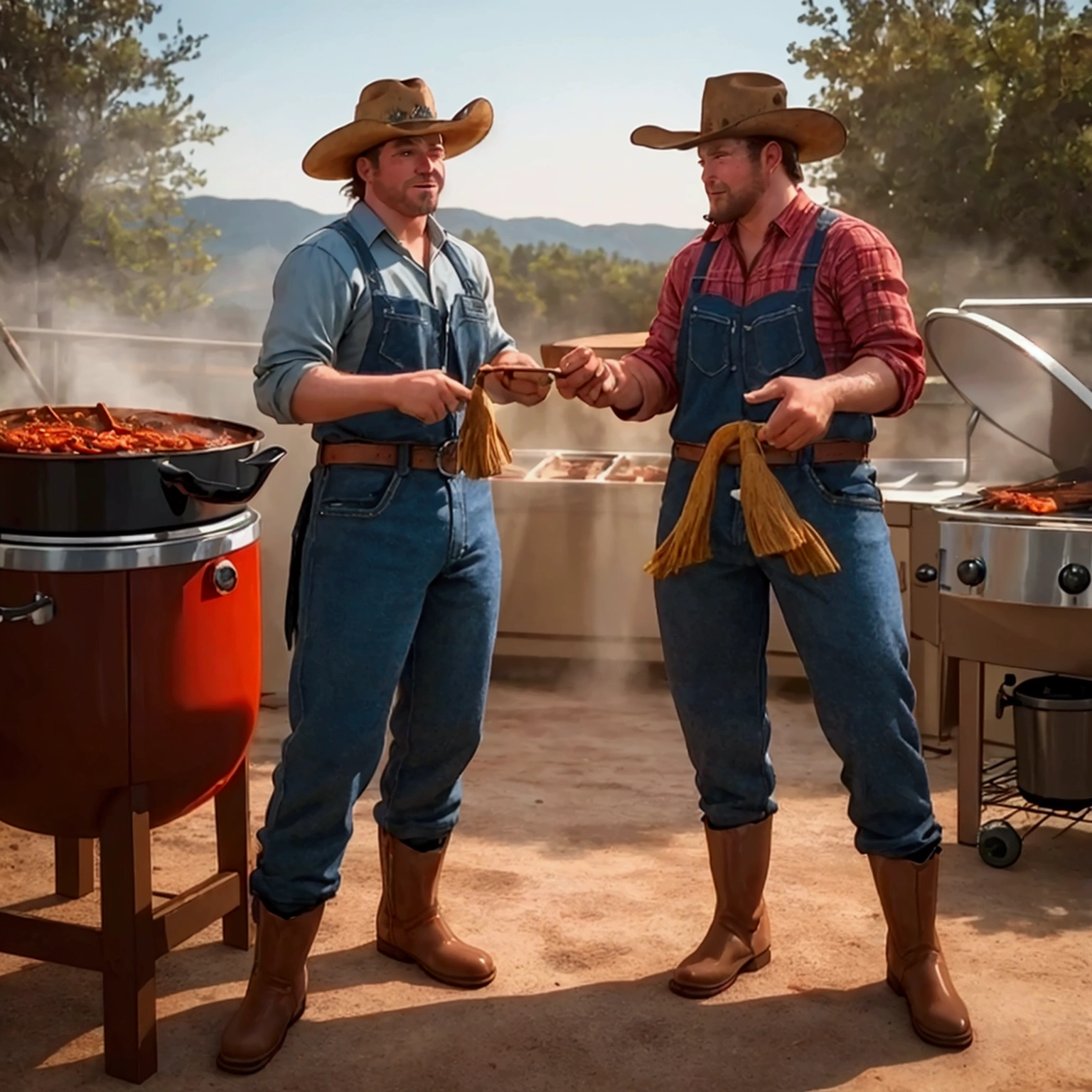 Two cowboys, One is grilling barbecue, The other is making chili con carne in a oven, hat, boots, 2horses, outdoor, realistic, hyper-realistic, photorealistic,ultra-detailed,(realistic,photorealistic,photo-realistic:1.37),vivid colors,dramatic lighting,