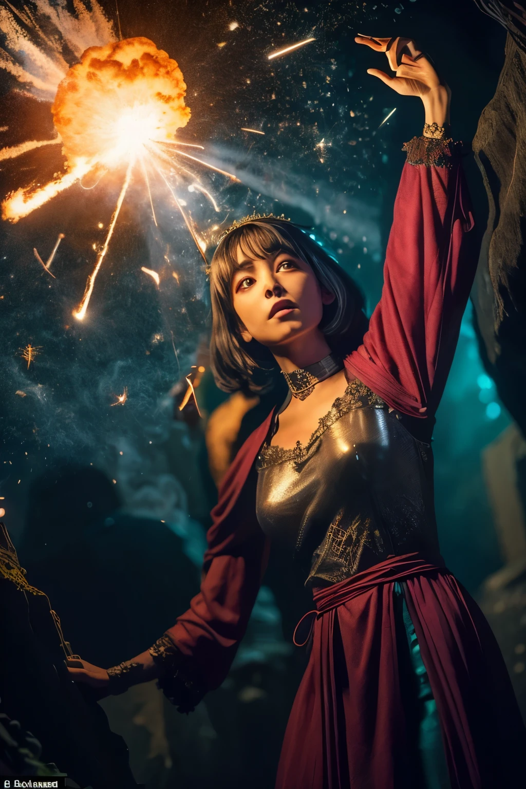 (A huge meteorite explodes (very spectacularly) over the woman's head, causing a huge pillar of fire to rise and a huge fireball to fly overhead!:1.4)