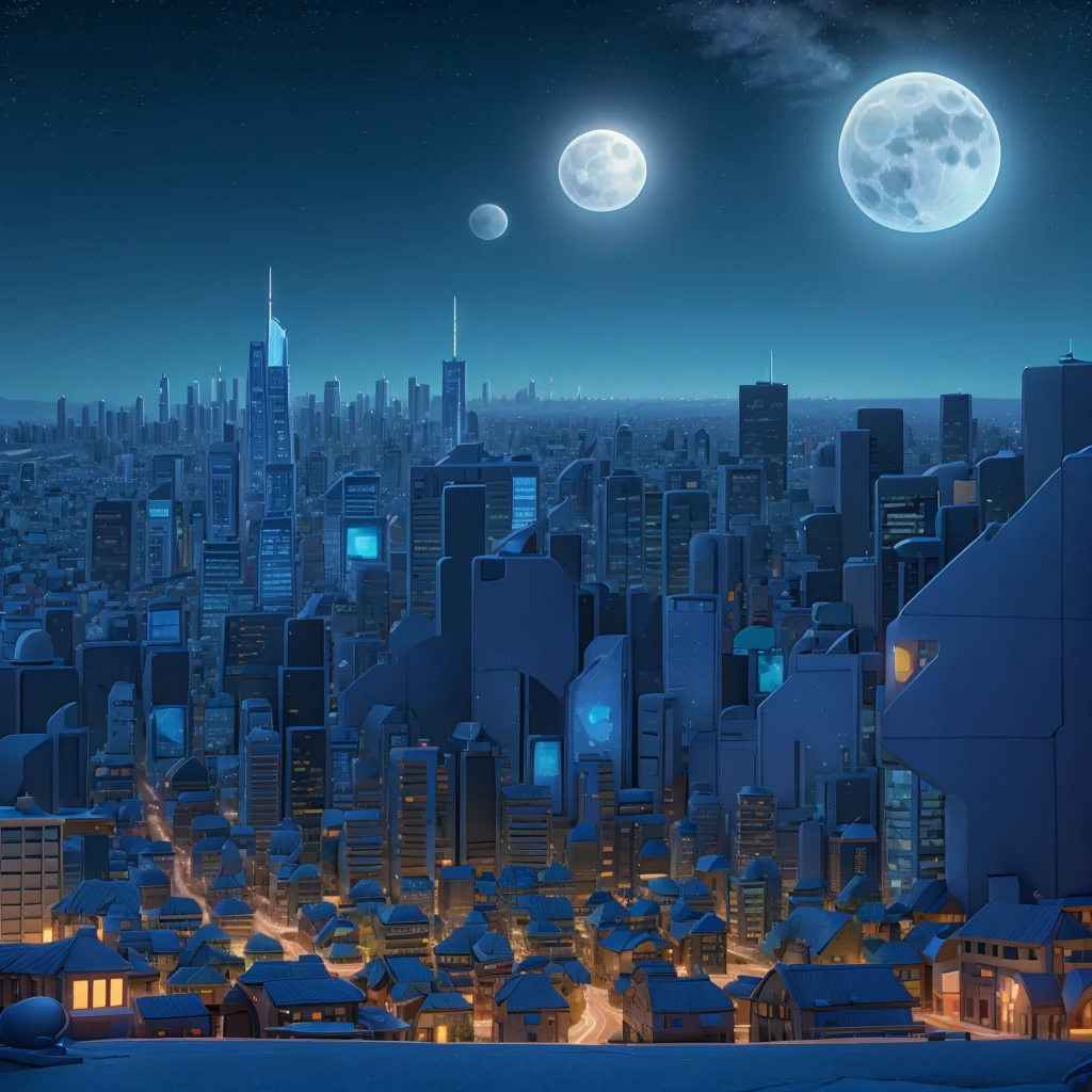Animated style of A city at night in 2D that shines with blue tones and from a perspective above the city also a full moon at the top right and a text that says The city that shines and at the bottom right says Jozlyn also some animated eyes woman under half big text