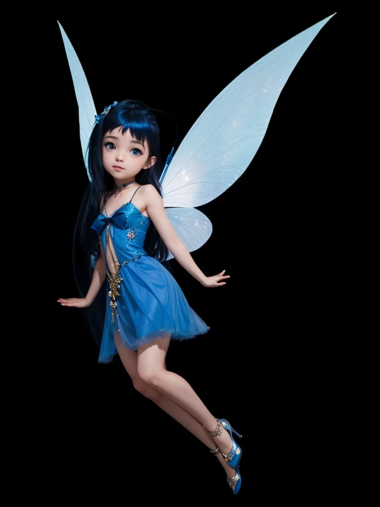 A beautiful fairy, with blue dress, blue black hair, with blue wings