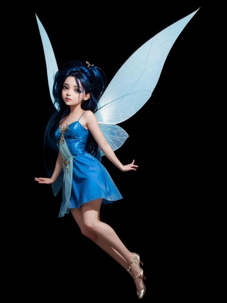 A beautiful fairy, with blue dress, blue black hair, with blue wings