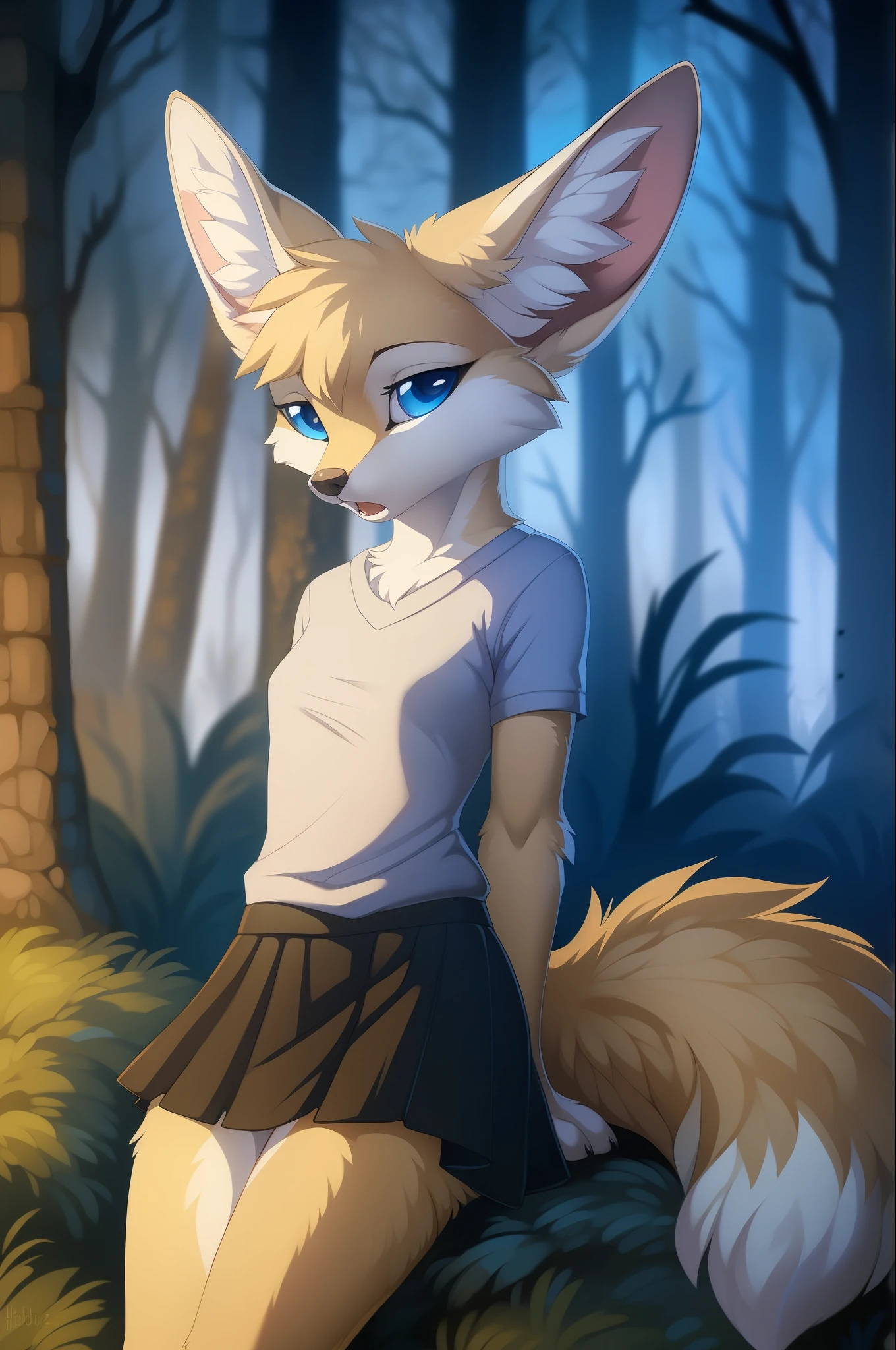 (female), (fennec fox), (hot), (in heat), (blue eyes), (submissive), (In snowy forest), (medium eyes), (small breasts), (small), (wearing dark grey shirt and black skirt), (high definition), by Hioshiru.