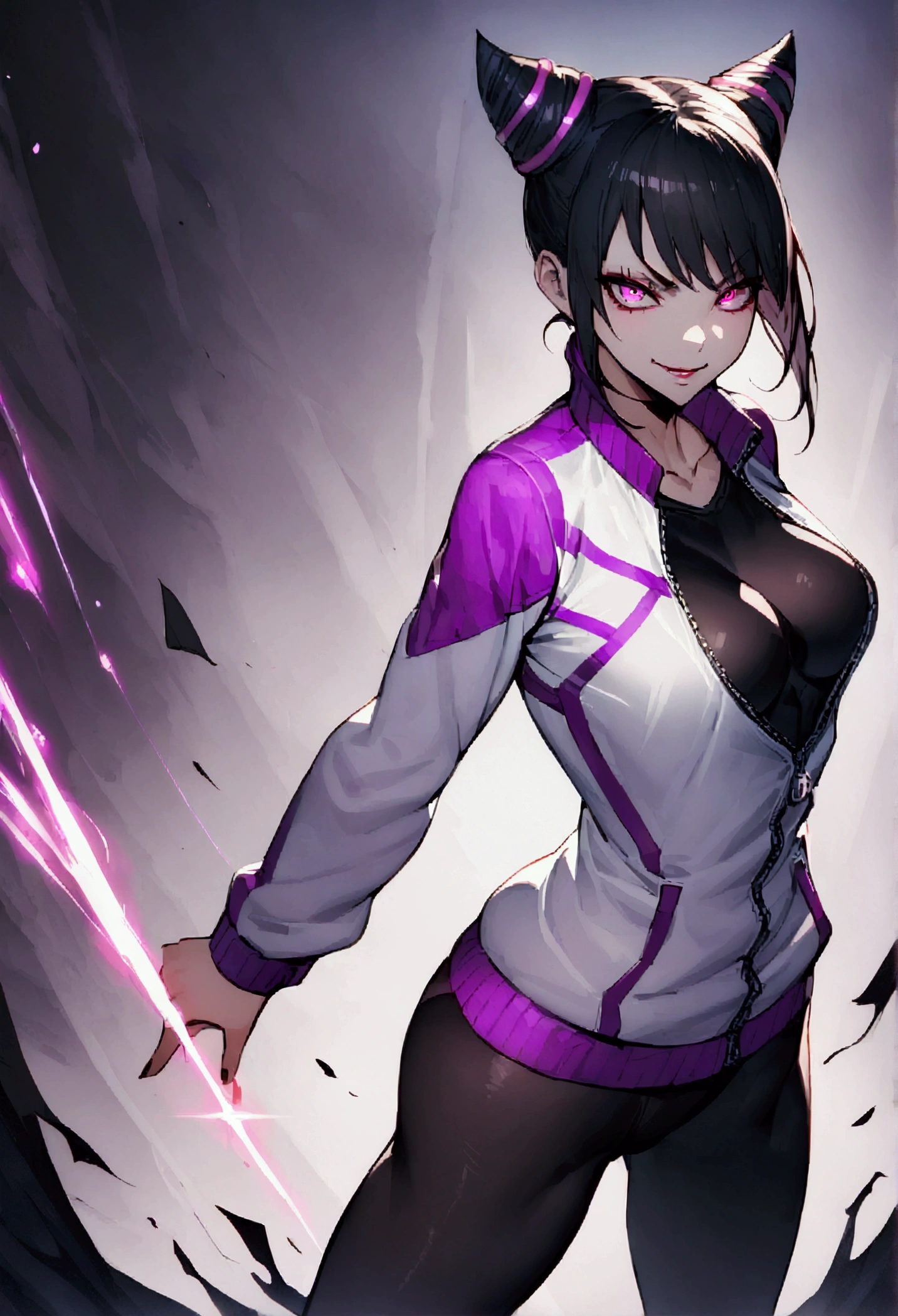 beautiful young fitness woman with , in a gym wearing May with black pantyhose, tight white and purple gym jacket. standing alone,hair horns,glowing purple eyes,Evil smile,legging preto ,labiaa,dark eye shadow,shining eyes
