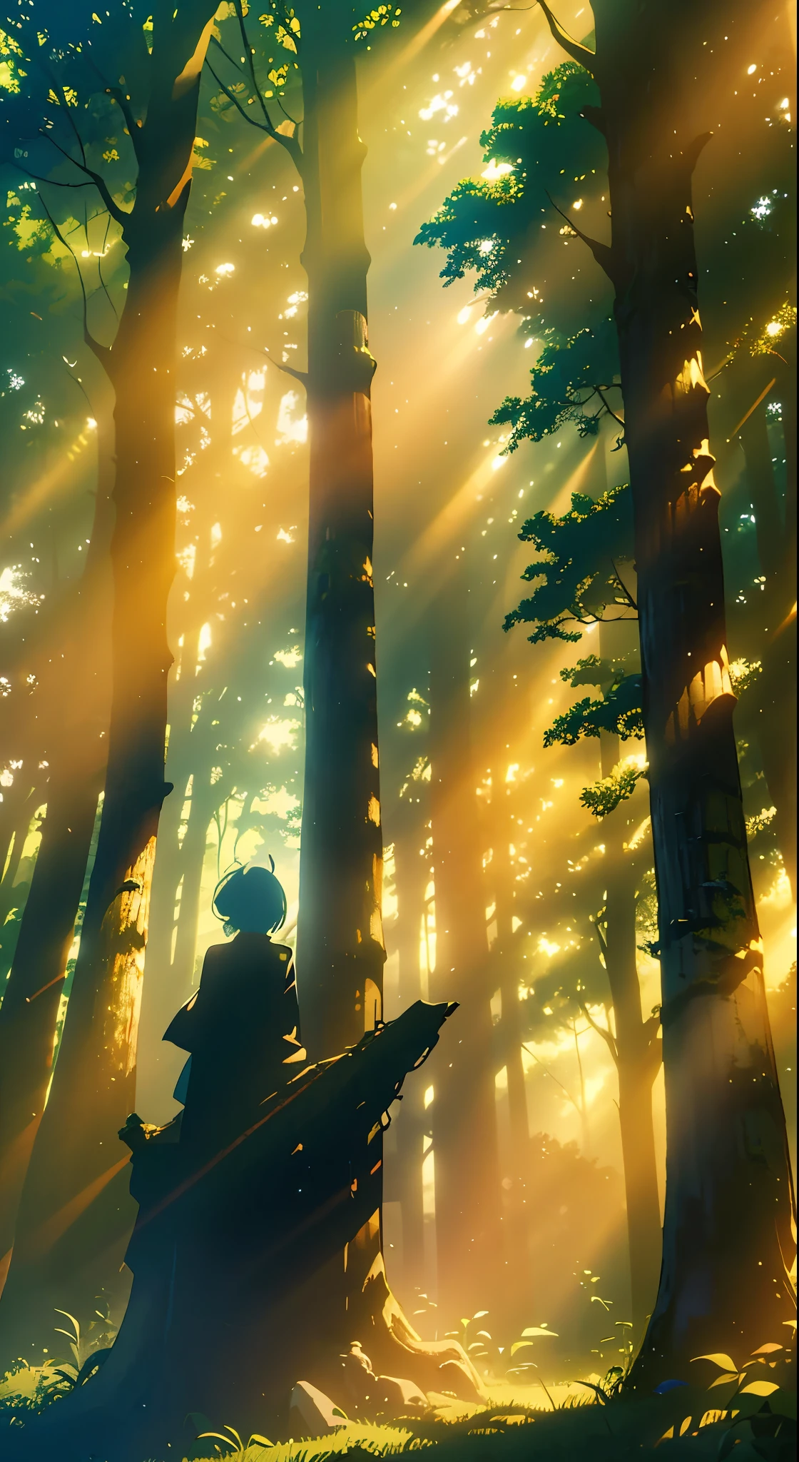 Description: In a secluded forest, a ray of sunlight pierces through the dense canopy, casting an ethereal glow on the forest floor. Amidst the towering trees, mysterious shadows seem to come alive, whispering secrets to those who dare to listen. Capture the enigmatic allure of these whispering shadows and the interplay between light and darkness in this mystical setting.