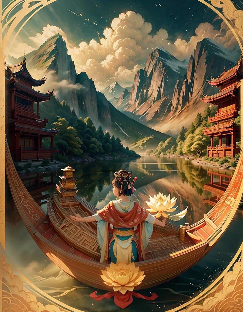 Surrounded by mountains and waters, the sky is high and cloudy, zongzi rowing dragon boats, sailing on water. The vista is a mountain and river, and the close-up pavilion corresponds to the lotus flower. Poster background image, three-dimensional, atmospheric compelling.