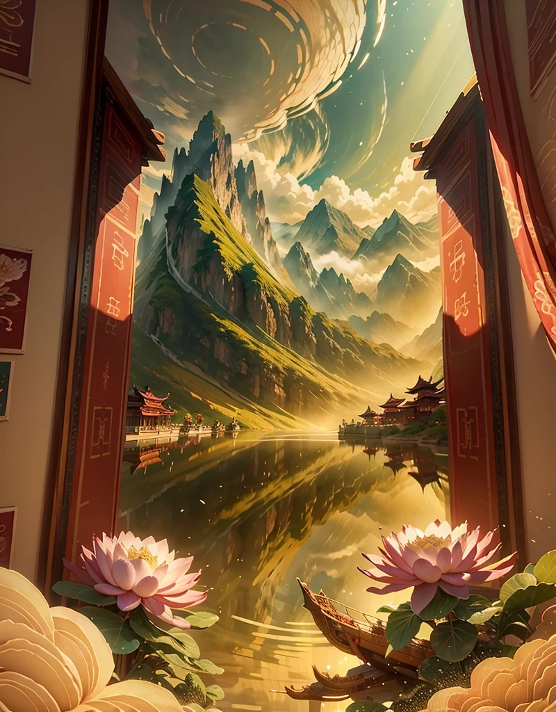 Surrounded by mountains and waters, the sky is high and cloudy, zongzi rowing dragon boats, sailing on water. The vista is a mountain and river, and the close-up pavilion corresponds to the lotus flower. Poster background image, three-dimensional, atmospheric compelling.