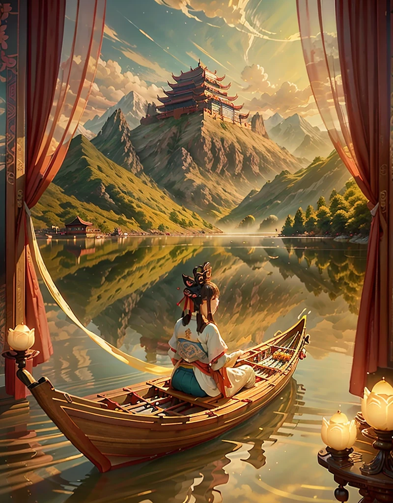 Surrounded by mountains and waters, the sky is high and cloudy, zongzi rowing dragon boats, sailing on water. The vista is a mountain and river, and the close-up pavilion corresponds to the lotus flower. Poster background image, three-dimensional, atmospheric compelling.