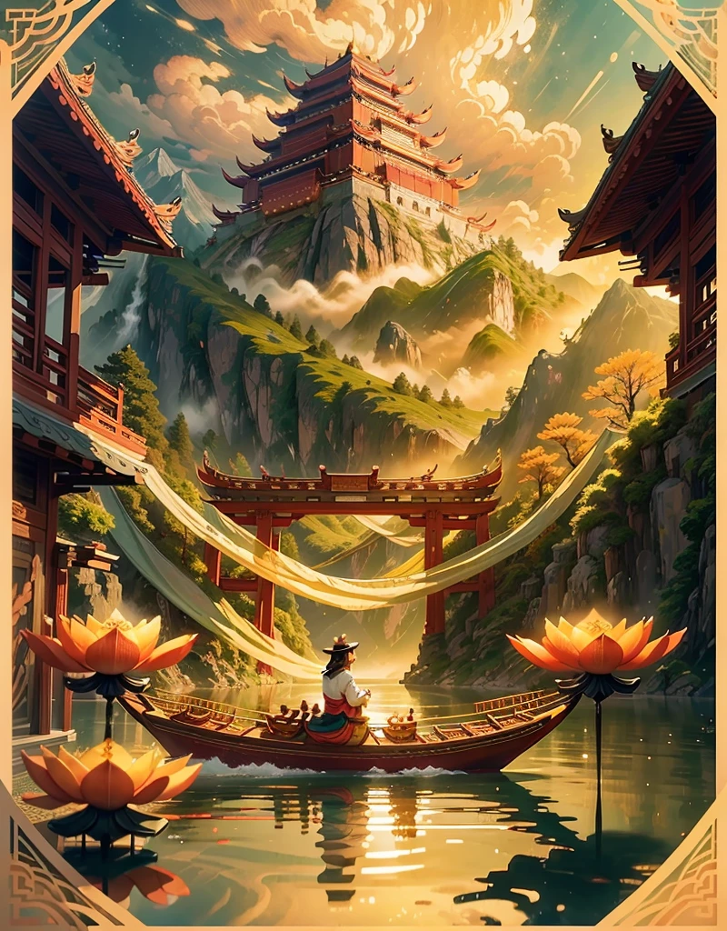 Surrounded by mountains and waters, the sky is high and cloudy, zongzi rowing dragon boats, sailing on water. The vista is a mountain and river, and the close-up pavilion corresponds to the lotus flower. Poster background image, three-dimensional, atmospheric compelling.
