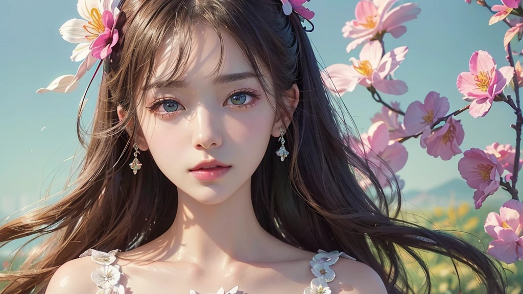One girl, alone, flower畑, flower, (Official Art, unity 8k wallpaper, Super detailed, beautifully、aesthetic, masterpiece ,Highest quality:1.3), (Dynamic Angle:1.2), (Floating colorful sparkles:1) , elegant, Vibrant colors, Highly detailed face, Detailed eyes, Glowing Skin, Glossy Lips , Pale green background,