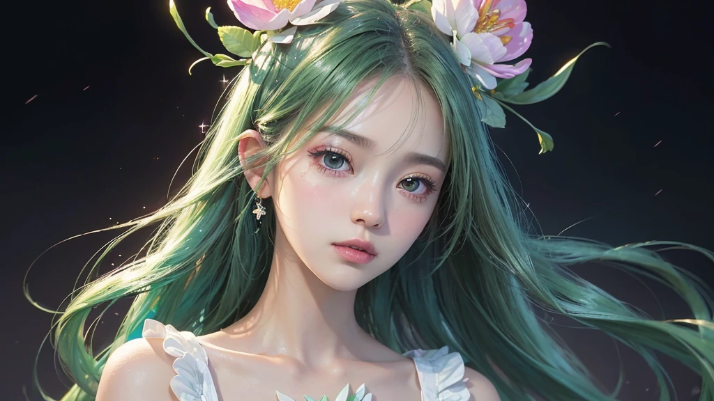 One girl, alone, flower畑, flower, (Official Art, unity 8k wallpaper, Super detailed, beautifully、aesthetic, masterpiece ,Highest quality:1.3), (Dynamic Angle:1.2), (Floating colorful sparkles:1) , elegant, Vibrant colors, Highly detailed face, Detailed eyes, Glowing Skin, Glossy Lips , Pale green background,