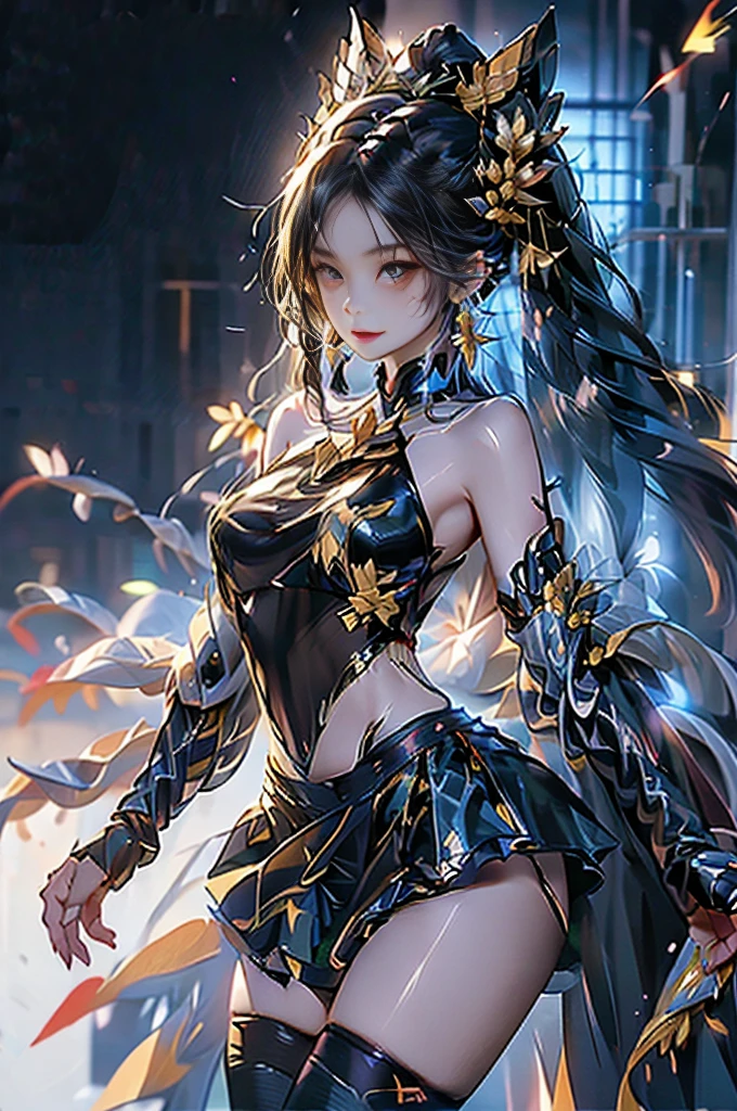 Jobria, angel wings, beautiful woman, (lifelike), backlight, black background, black skirt, black Gloves, black hair, Smile, Cowboy shooting, skirt, earrings, flowing hair, Gloves, gold earrings, gold Headband, hair flower, hair accessories, ((Headband)), jewelry, light particles, long hair, look at the audience, off-the-shoulder skirt, Off the shoulder style, petal, edge rock, alone, spike, Very beautiful dress, Double sided cloth, ((masterpiece))