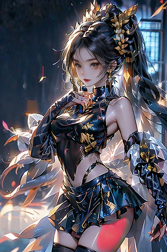 Jobria, angel wings, beautiful woman, (lifelike), backlight, black background, black skirt, black Gloves, black hair, Smile, Cowboy shooting, skirt, earrings, flowing hair, Gloves, gold earrings, gold Headband, hair flower, hair accessories, ((Headband)), jewelry, light particles, long hair, look at the audience, off-the-shoulder skirt, Off the shoulder style, petal, edge rock, alone, spike, Very beautiful dress, Double sided cloth, ((masterpiece))