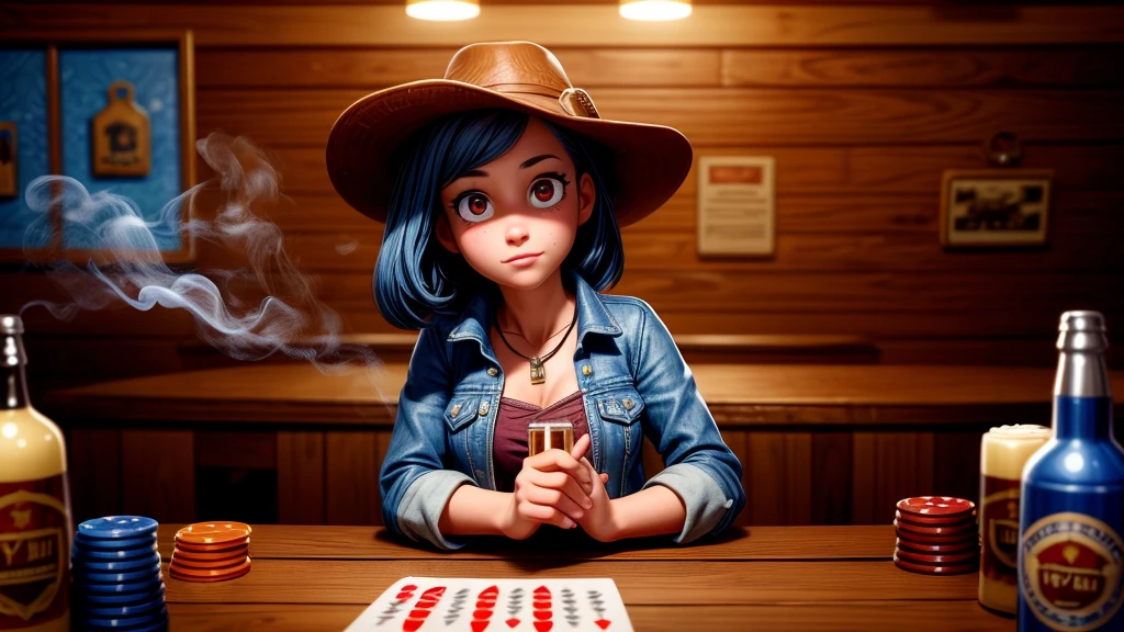 a cowgirl playing poker in a western saloon, leather jacket, jeans, beer, cigar smoke, drunk causing trouble, highly detailed, photorealistic, masterpiece, award winning, cinematic lighting, dramatic composition, warm color palette, realistic textures, extreme fine details, hyper realistic, 8k, HDR, physically-based rendering
