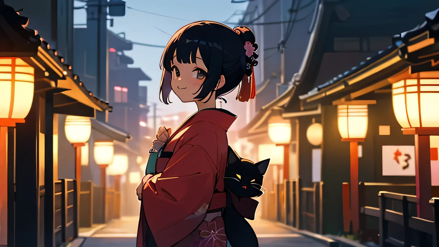 summer night, japan street, kimono, smile japanese girl is looking above fireworks with cat