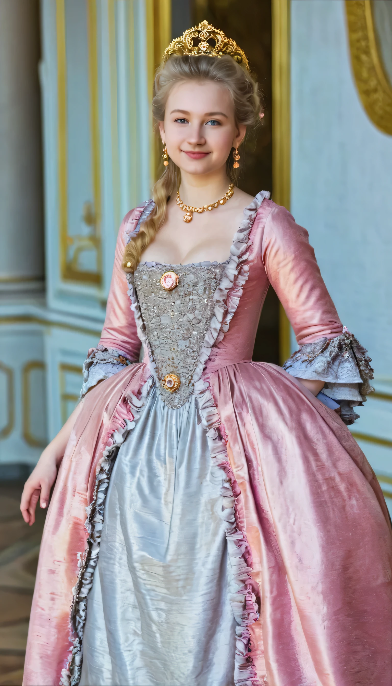 front view , standing pose,  look into the camera, russian girl, 18 year old, (blond hair, middle hair ,  wince, gray eyes, beautiful lip,  demure),  golden crescent earrings, gold necklace, (big , slender whist, wide hips, real public hair) ,(Rococo dress from the 18th century. century) , (golden earing , pearl necklace. Tiara my Diamond), on the floor in the palace, in Moscow, textured skin , HI detailed skin, (Shortening, Canon, uhd, anatomically correct,  Super Detail, High details, Highness, Large breast,satin, pink silk dress,ruffles, smiling.,long eyelashes, half open mouth 