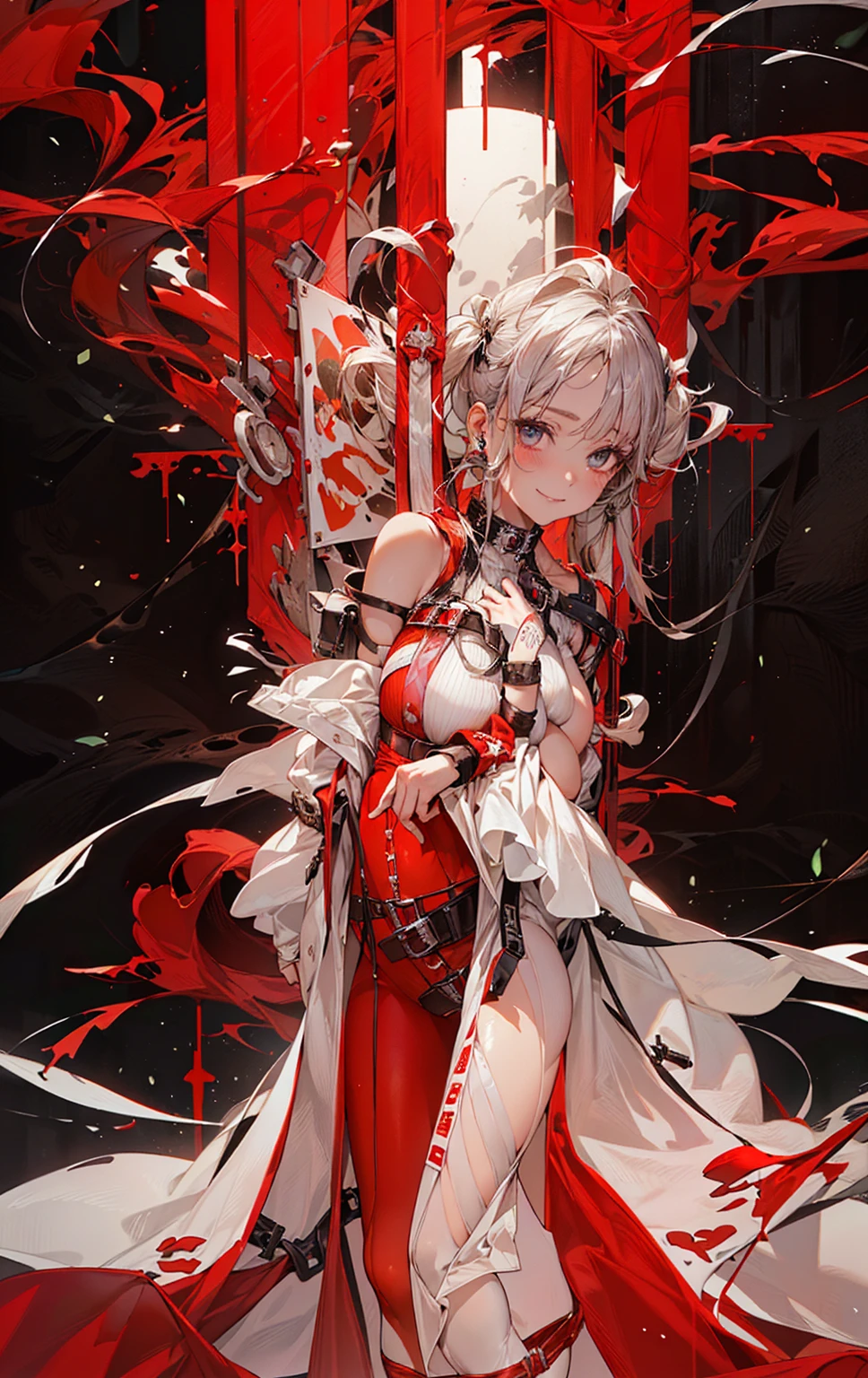 (masterpiece:1.2, highest quality), (Realistic, photoRealistic:1.4), Beautiful illustrations, (Natural Side Lighting, Cinema Lighting),Say OK to your audience, Upper Body, (Front view), 1 girl, Perfect Face, Symmetrical cute face, Shiny skin, Baby Face, Long eyelashes, (large Breasts:1.2), (Wide Hips:1.2),Beautiful Hair, Beautiful Face, Beautiful and beautiful eyes, Beautiful body, Beautiful breasts, beautiful Thighs, Beautiful legs, Beautiful fingers,(Beautiful views:1.2),(Cute Smile:1.2, Superior),Silver Hair, (Light clothing),(Very long twin tails:1.5), (White mini dress), High neck, (sleeveless),( White Body Conscious:1.5), (Red tights:1.5), Thighs, Jacket,(Punk Style:1.5),(Belted clothing:1.5),(Wrap a belt around your chest:1.5)