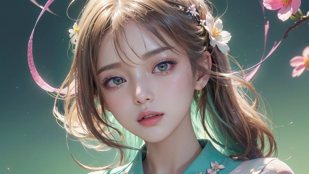 One girl, alone, flower畑, flower, (Official Art, unity 8k wallpaper, Super detailed, beautifully、aesthetic, masterpiece ,Highest quality:1.3), (Dynamic Angle:1.2), (Floating colorful sparkles:1) , elegant, Vibrant colors, Highly detailed face, Detailed eyes, Glowing Skin, Glossy Lips , Pale green background,