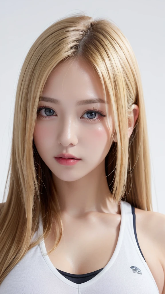 (((forehead、Big Breasts、Northern Europe、White、beautiful girl、ホワイトblonde、Blonde、White Background、training wear、cute、young、True Face、Shiny Hair、whole body)))、Tabletop, Highest quality, shape, Very detailed, finely, High resolution, 8k wallpaper, Perfect dynamic composition, finelyて美しい目, Deco Out,blonde, chest, Natural color lip,White Background, random cute poses,