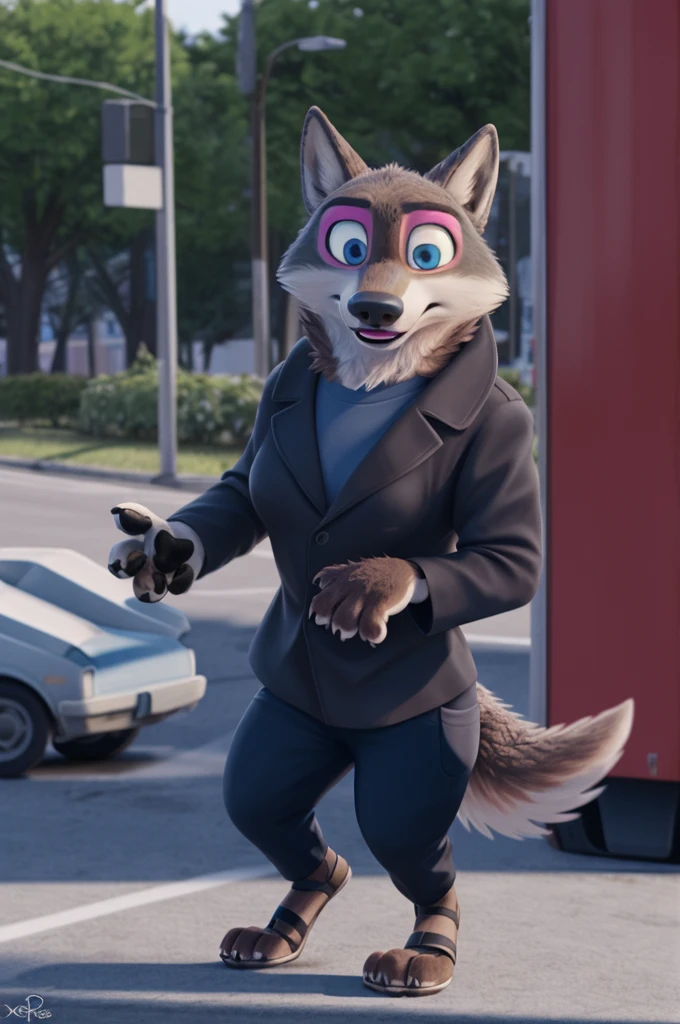 Emilia (Zootopia), wolf, Gray Fur, (brown body:1.3), Blue eyes, Zootopia, makeup,lipstick, dressed,black jacket,shirt,black pants,red,sandals, high sole, female breast,canine, Wolf, Detailed fur, Female, antro, paw pads, finger claws, At the viewer, 5 fingers, paws, 5 fingers,goes to a women's shoe store and chooses heels,mood,open mouth, flash cameras, loving husband,two children,close to the camera,holding high heel sandals, smile, line red sandals heels,
BREAK from nextel, for dating, by xenoforge, (difficult, high detail, film photography, soft focus, RAW, fluororealism, realistic, photorealistic, digital style, Subsurface scattering,in a women's shoe store, it's sitting, office,
masterpiece, Best quality, ultra realistic, 8 k)