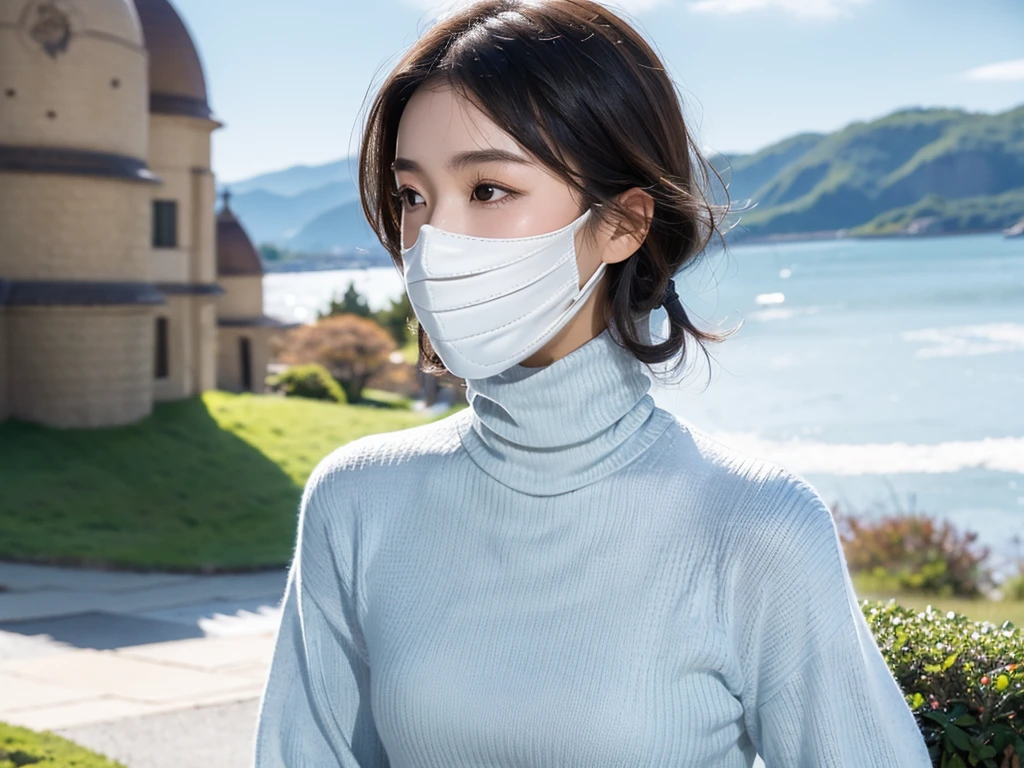 (((masterpiece, best quality,ultra-detailed,8k,high resolution))), (upper body),24 years old ,Japanese girl, 1girl, short hair, (((turtleneck sweater))),(Cover face with a turtleneck:1.8),put hand on turtleneck lapel
