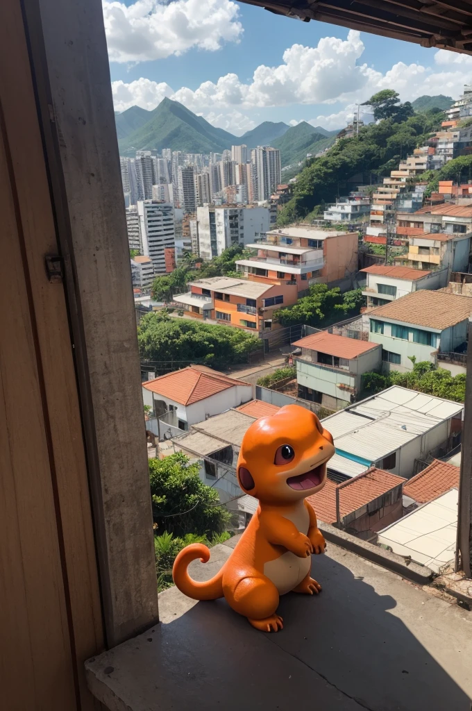 Create a Charmander looking at the view of the favela