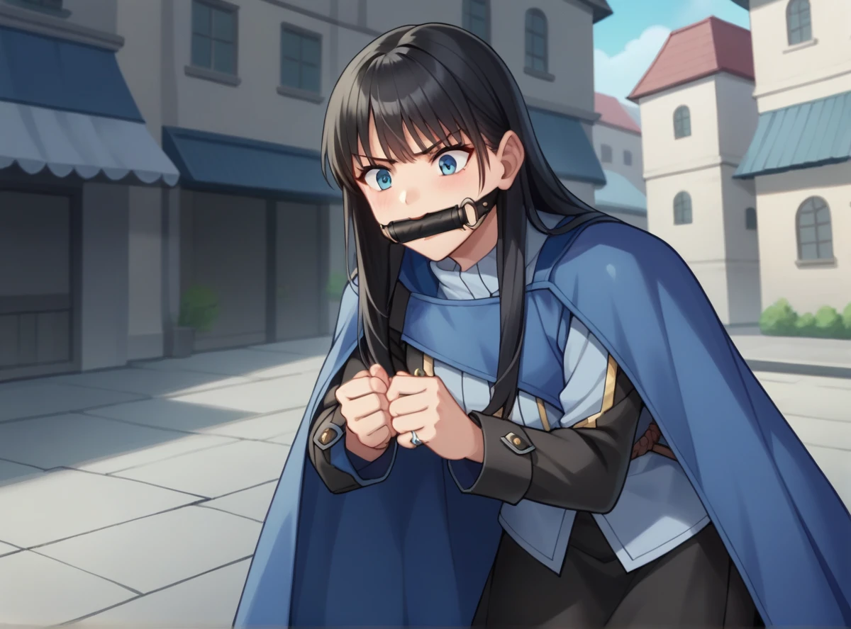 score_9, score_8_superior, score_7_superior, score_6_superior, score_5_superior, score_4_superior, Break Source_anime, masterpiece  ,anime screencap,Kudrinie, Long Hair, bangs, Black Hair, Long sleeve, jewelry, ring, Iris,Cape, Severe, Outdoor, Leaning forward,Tied up with rope,gag,Struggling,