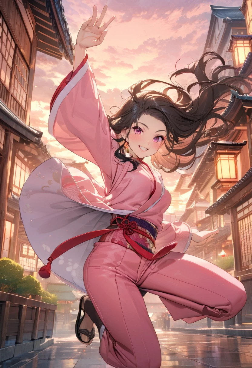 (masterpiece:1.3), (best quality:1.1), (8k, ultra detailed, ultra high res:1.2), ((anime style)), detail perfect 5 fingers, perfect anatomy,
1girl,
Kamado Nezuko,
BREAK long hair, wavy hair, forehead
black hair,
pink eyes,
ribbon,
small breasts,
BREAK japanese clothes, pink kimono, brown haori, obi,
smile, (dynamic pose:1.2), (jumping:1.2),
looking at viewer,
cowboy shot,
BREAK age of Edo, city, village, outdoor,