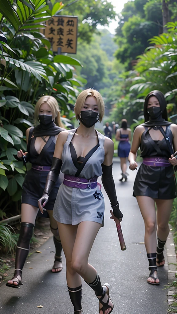 A group of blonde Female ninja wearing short kimono in fishnet with sexy bare feet and toes exposed with boob cleavage showing walking in a jungle holding a katana getting attacked and assaulted by men with baseball bats 