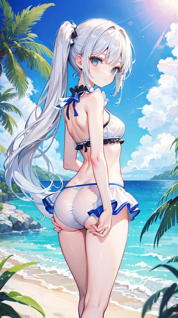 A cool white girl with twin ponytails（（whole body）picture），High-resolution details，Beach，coconut tree，（Happy, cheerful and lively），Perfect body，（Super clear picture quality），（系绳式可爱picture案的泳衣）Front convex and back curved，（（Slender and slender）