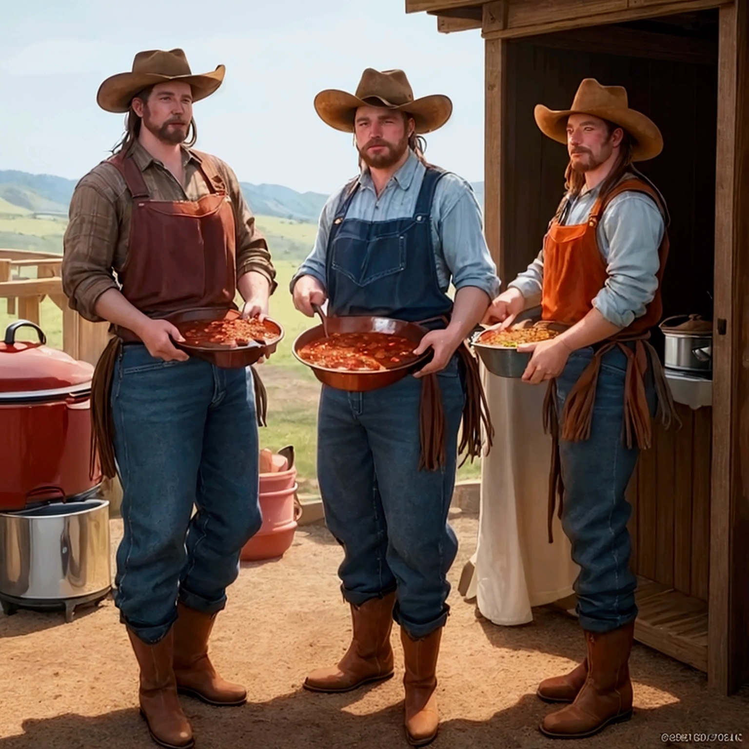 Two cowboys, One is grilling barbecue, The other is making chili con carne in a dutch oven, hat, boots, 2horses, outdoor, realistic, hyper-realistic, photorealistic,ultra-detailed,(realistic,photorealistic,photo-realistic:1.37),vivid colors,dramatic lighting,