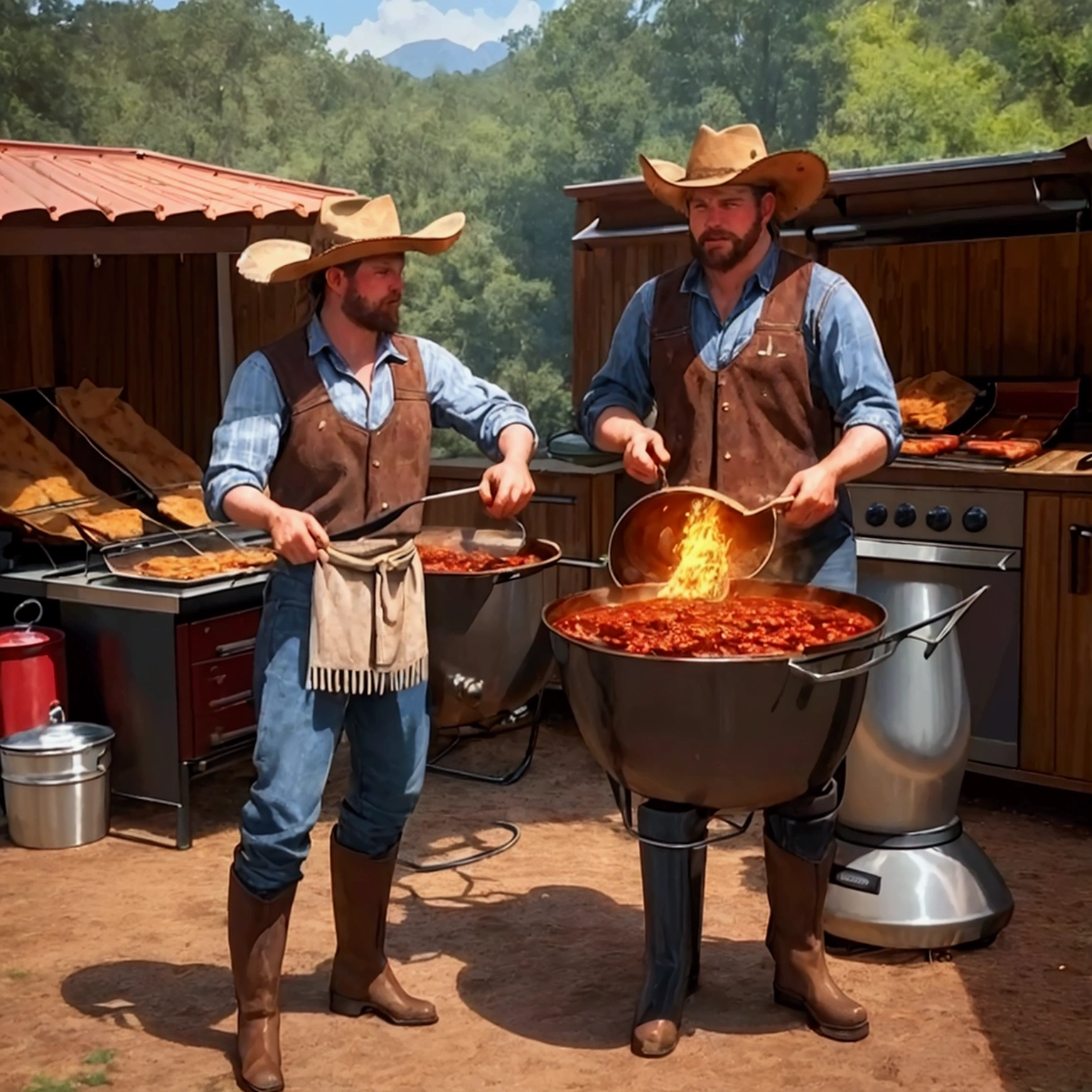 Two cowboys, One is grilling barbecue, The other is making chili con carne in a dutch oven, hat, boots, 2horses, outdoor, realistic, hyper-realistic, photorealistic,ultra-detailed,(realistic,photorealistic,photo-realistic:1.37),vivid colors,dramatic lighting,