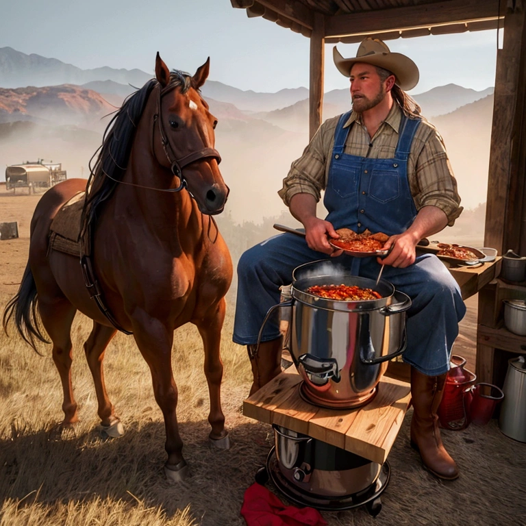 Two cowboys, One is grilling barbecue, The other is making chili con carne in a dutch oven, hat, boots, 2horses, outdoor, realistic, hyper-realistic, photorealistic,ultra-detailed,(realistic,photorealistic,photo-realistic:1.37),vivid colors,dramatic lighting,