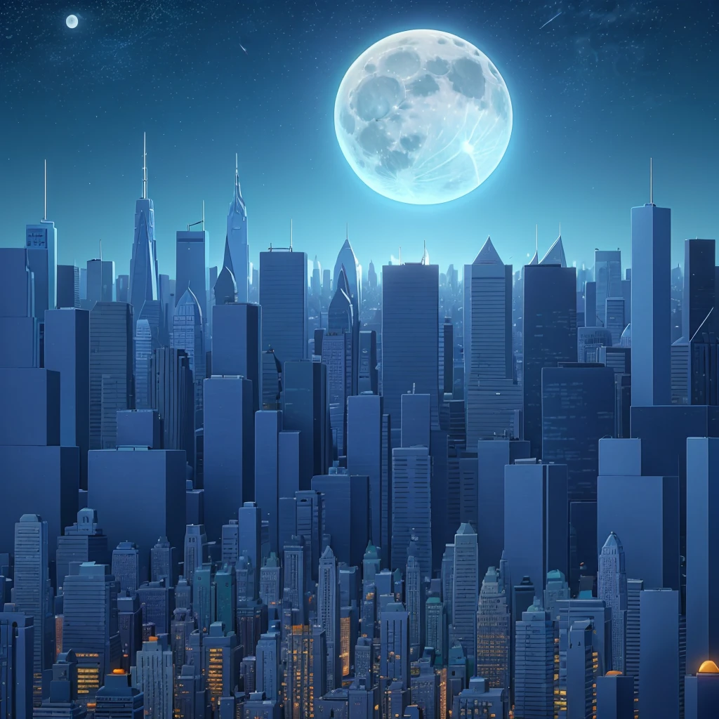 Animated style of A 2D city at night in New York that shines with blue tones and from a perspective above the city also a full moon at the top right and a text that says The city that shines and at the bottom right says Jozlyn too some animated woman eyes under the big half text