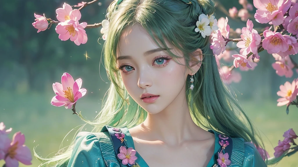 One girl, alone, flower畑, flower, (Official Art, unity 8k wallpaper, Super detailed, beautifully、aesthetic, masterpiece ,Highest quality:1.3), (Dynamic Angle:1.2), (Floating colorful sparkles:1) , elegant, Vibrant colors, Highly detailed face, Detailed eyes, Glowing Skin, Glossy Lips , Pale green background,