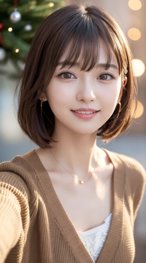 (masutepiece:1.3), High resolution, Ultra-detail, the Extremely Detailed CG Unity 8K Wallpapers, Realistic, Photorealsitic, Raw photo, beautifull detailed face, pale skin, Realistic glitter skin, Detailed Cloth Texture, detailed hair texture, Beautiful face, acurate, Anatomically correct, Highly detailed facial and skin texture, Natural neck length, (Fair skin:1.2), (solo)、Brown hair、⦅Medium Hair⦆、With bangs、Japan Female 20 years old、A detailed eye,harajuku、Cute realistic photos,⦅smile1.6⦆Looking at the camera、middlebreasts、(selfee)、⦅Cute Smile 1.6⦆、Cardigan coat、a nowflakes falling、Christmas tree