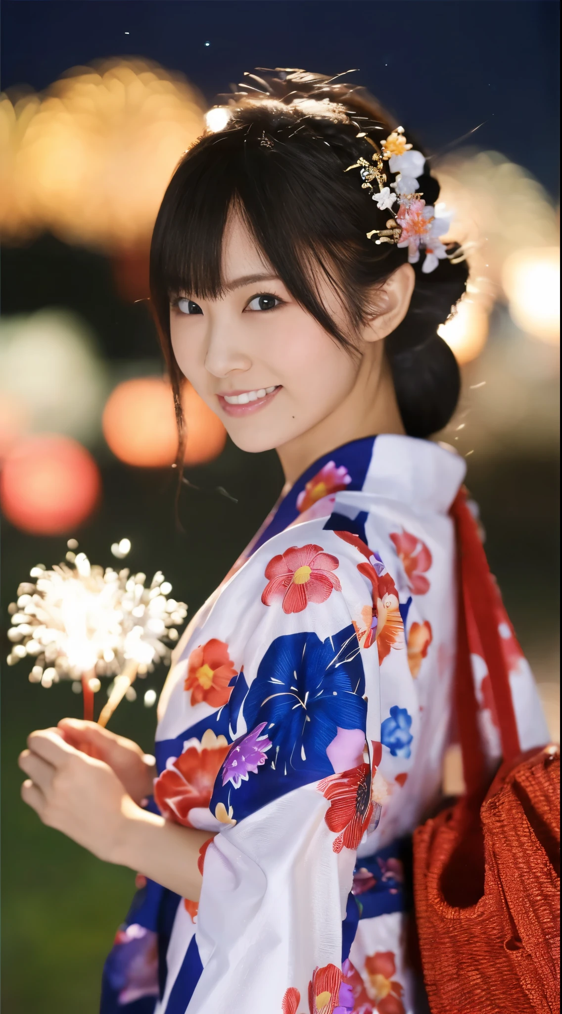 ((masterpiece(:1.4),Highest quality,Ultra-high resolution,Highest quality,8k,Extremely detailed,In detail))。night,Fireworks display,Summer festival,Japanese,Female college student,Yukata,Japanese hairstyle,Hair tying,hair ornaments,hairpin,Drawstring bag,geta,cute,Clear,(Fireworks displayのnightに河川敷で花火を背景にしたスナップ写真),Hyper Quality