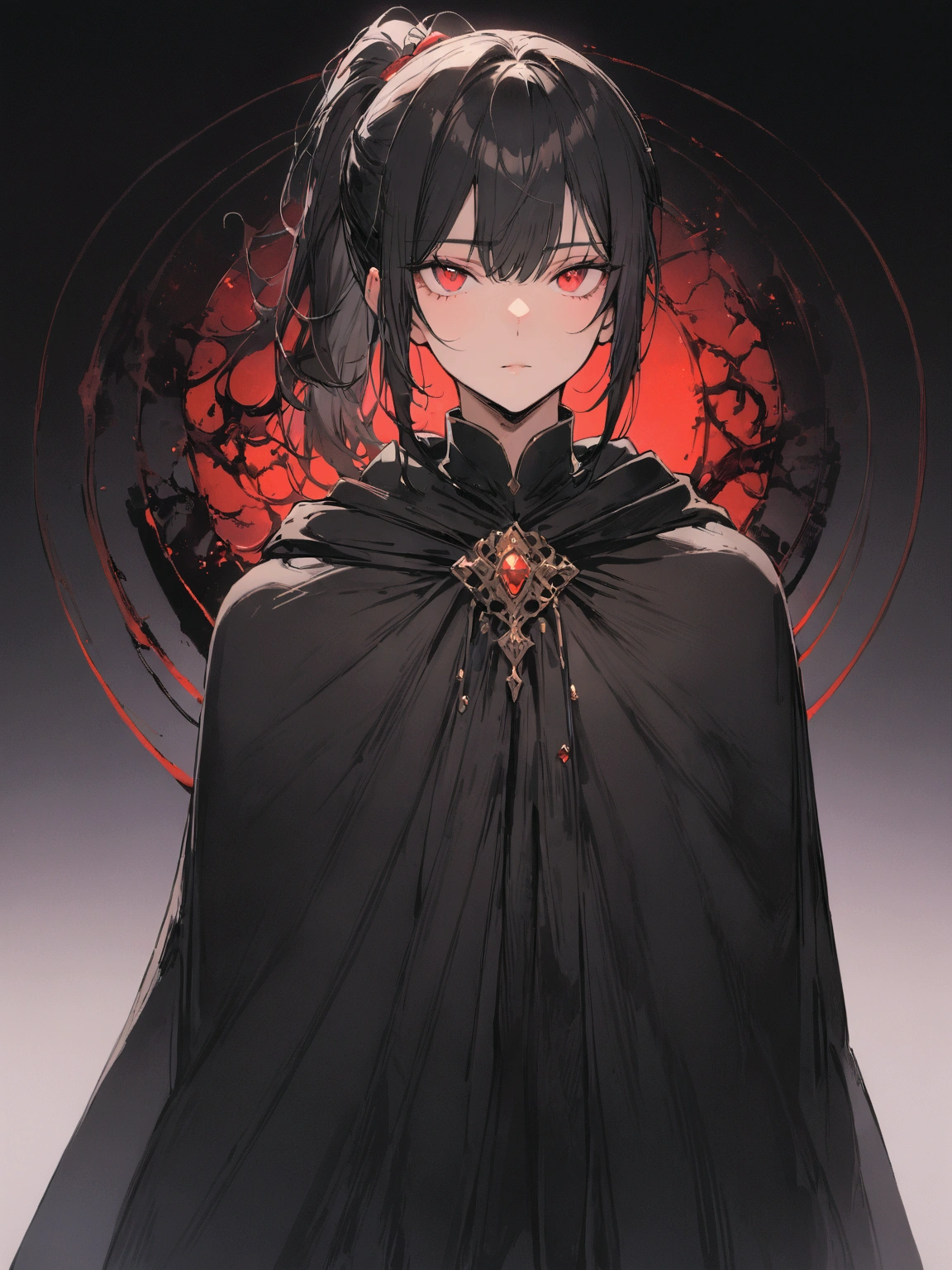 ((masterpiece)), ((best quality)), (from front:1.36), (half-body shot:1.4), 1man, adult man, solo, ponytail tied long black hair, red eyes, plain black cloak, looking at viewers