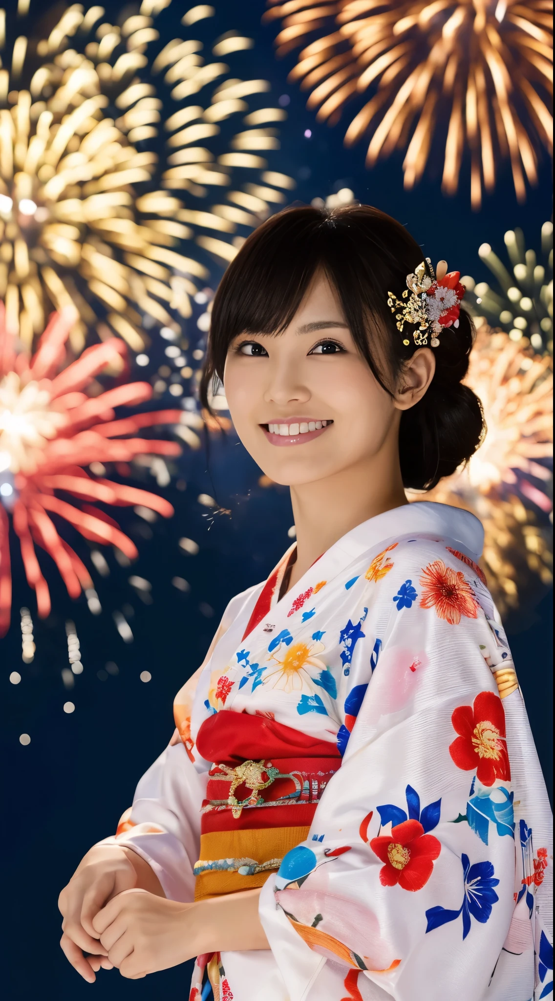 ((masterpiece(:1.4),Highest quality,Ultra-high resolution,Highest quality,8k,Extremely detailed,In detail))。night,Fireworks display,Summer festival,Japanese,Female college student,Yukata,Japanese hairstyle,Hair tying,hair ornaments,hairpin,Drawstring bag,geta,cute,Clear,(Fireworks displayのnightに河川敷で花火を背景にしたスナップ写真),Hyper Quality