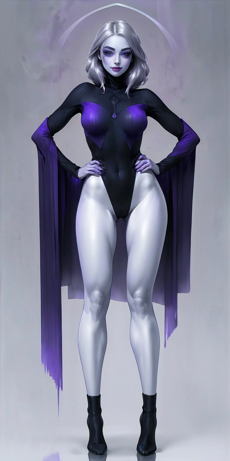 (1solofemale full body with knockers covered standing straight symmetrical, hands on hips) (smile purple makeup) grayscale skin, pale golden hair and violet eyes. She prefer clothing of white and silver with cloaks of deep blue or purple, blue or purple background (Masterpiece, highres, 4k, very precise detailed)