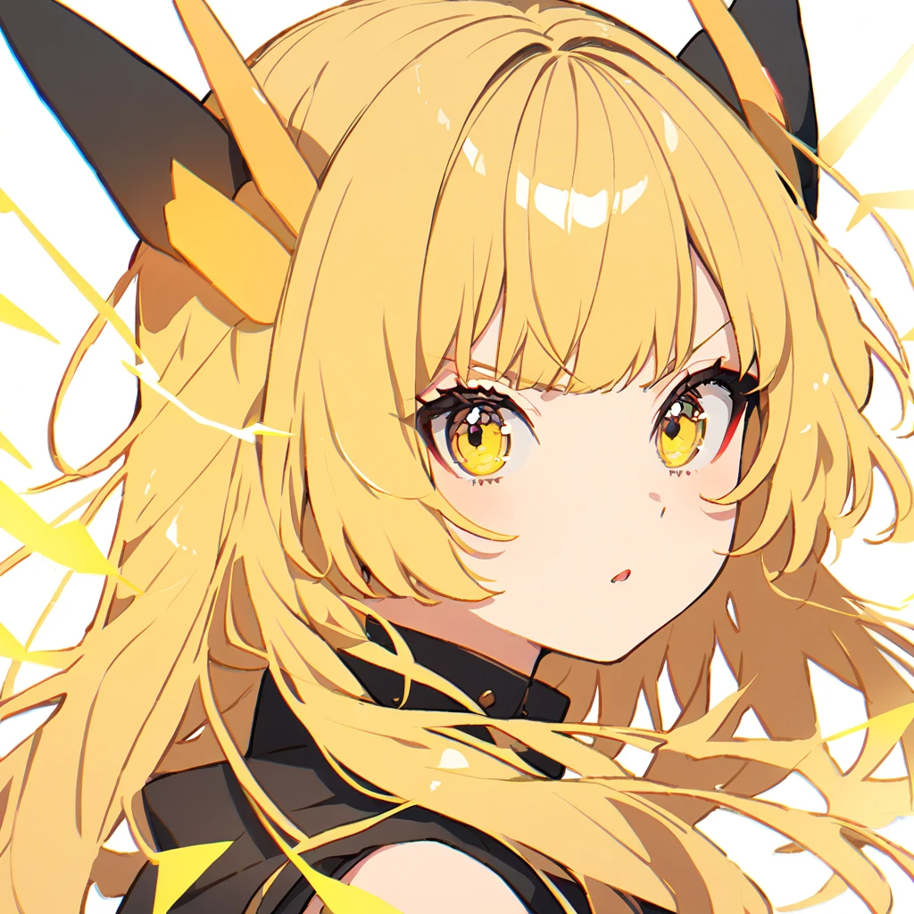 1girl, electricity, yellow eyes, cool, white background, yellow theme,Long Hair, solo, Close your mouth, 